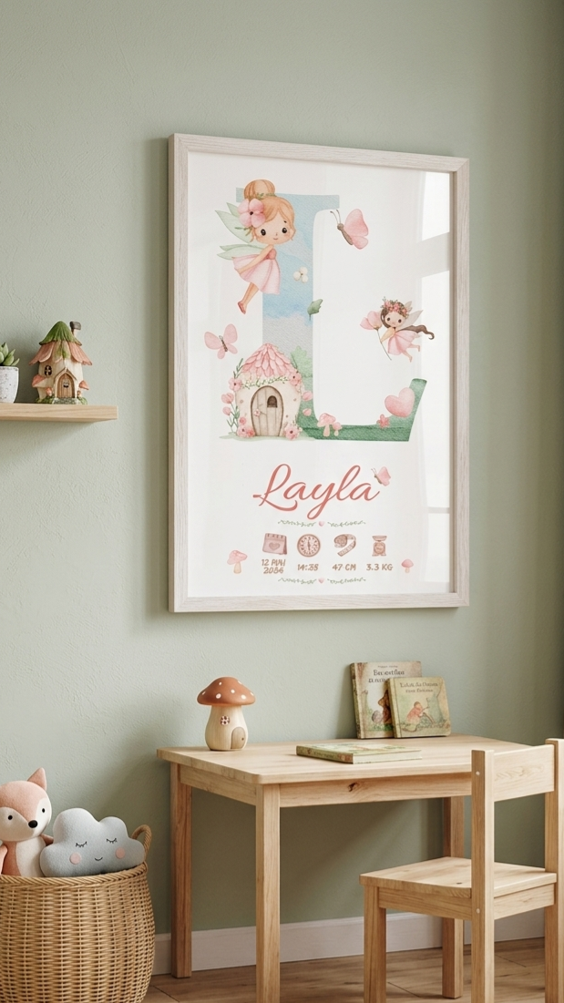 Affiche de Naissance Personnalisée – Initiale Enchantée