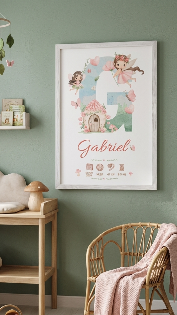 Affiche de Naissance Personnalisée – Initiale Enchantée