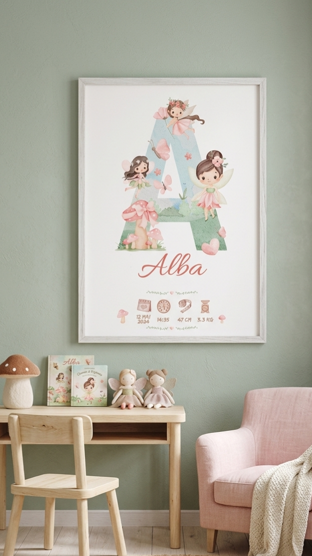 Affiche de Naissance Personnalisée – Initiale Enchantée