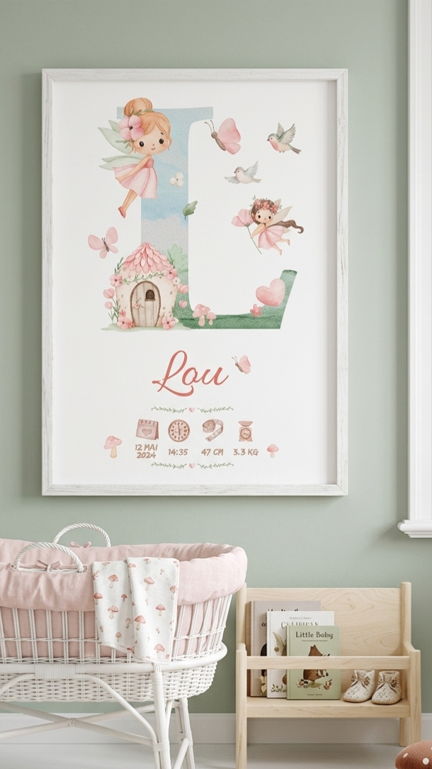 Affiche de Naissance Personnalisée – Initiale Enchantée