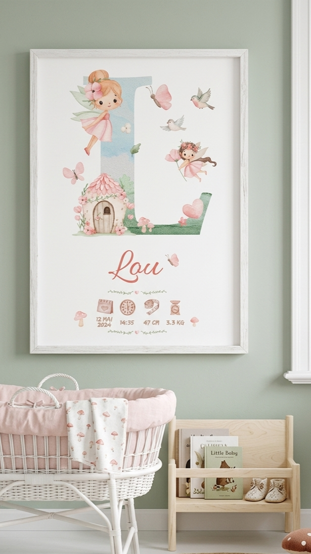Affiche de Naissance Personnalisée – Initiale Enchantée