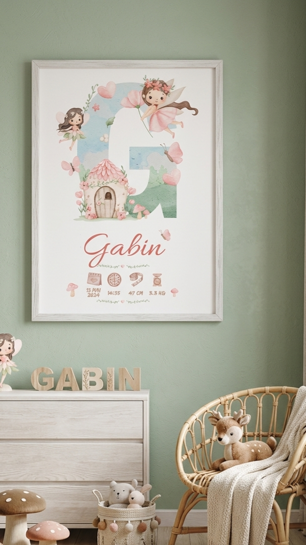 Affiche de Naissance Personnalisée – Initiale Enchantée